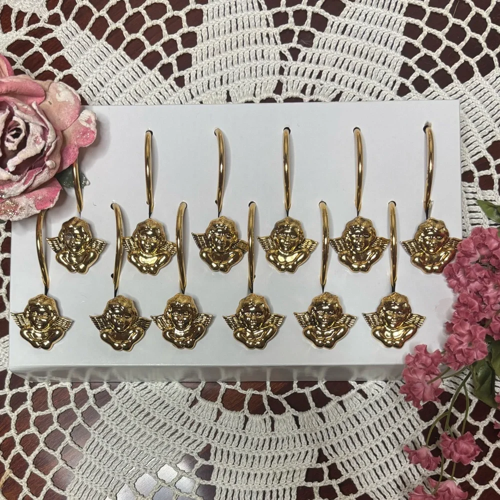 Vintage Shower Curtain Rings Victorian Cherub Angel Gold Brass Hook Set of 12